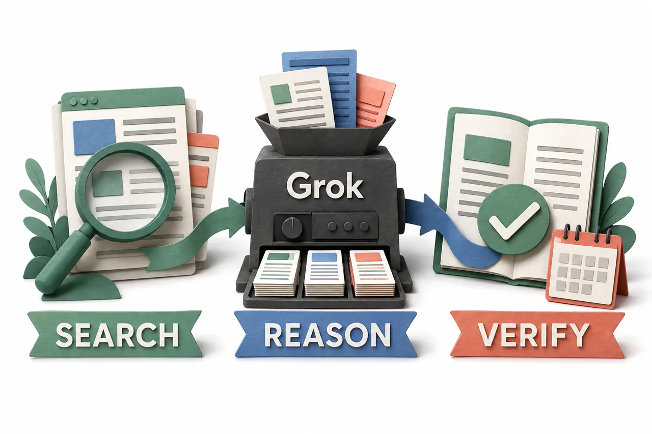 A magnifying glass, Grok document processor and checked source document illustrate search, reasoning and verification.