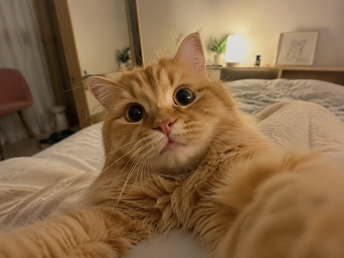 a fluffy orange cat taking a close-up selfie with one paw, wide-angle phone camera, silly surprised expression, cozy bedroom background, soft morning light, realistic fur texture, funny viral cat selfie, social media pet photo style