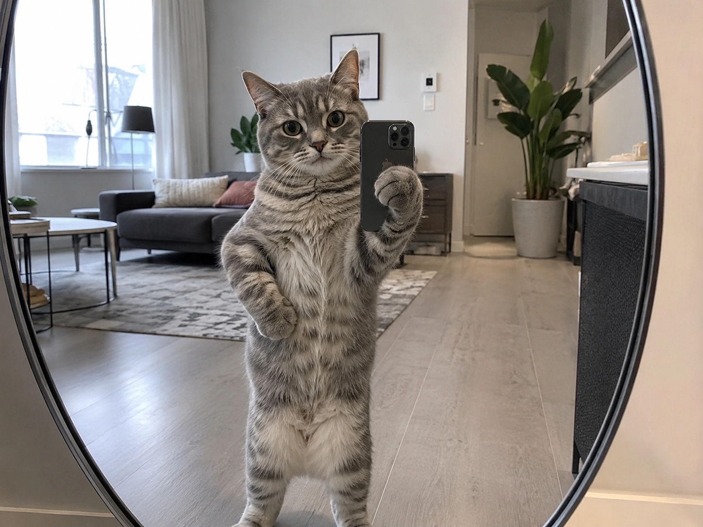 a cute grey tabby cat taking a mirror selfie in a stylish apartment, tiny confident pose, phone visible in reflection, clean modern room, soft daylight, realistic photography, funny pet influencer vibe, viral cat selfie image