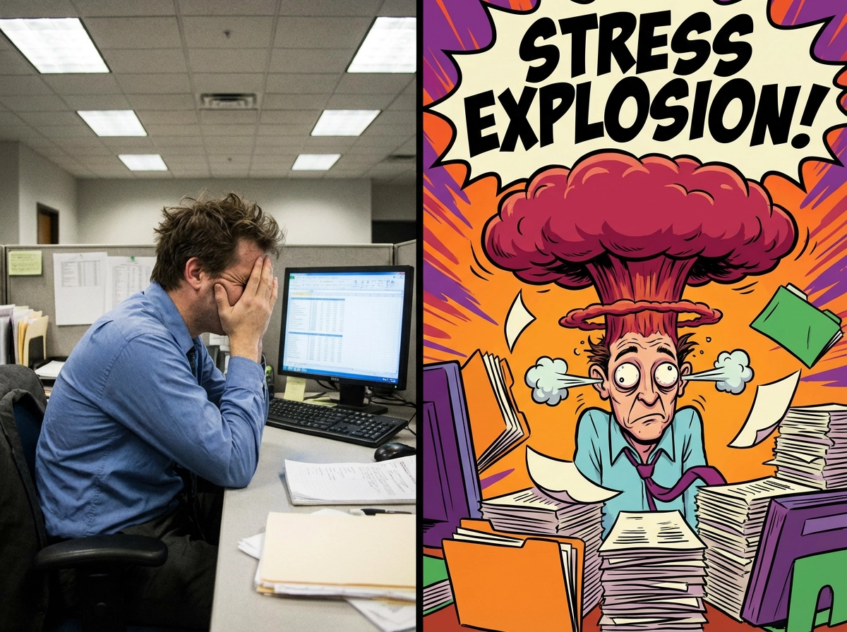 Left side: A realistic high-resolution photo of a stressed office worker sitting at a messy desk, hair disheveled, staring at a computer screen with tired eyes, dull office lighting. Right side: An exaggerated caricature art style of the same person exploding with stress, head huge and red with steam coming out, eyes popping out comically, buried under a mountain of paperwork, chaotic vibrant colors, funny and satirical.