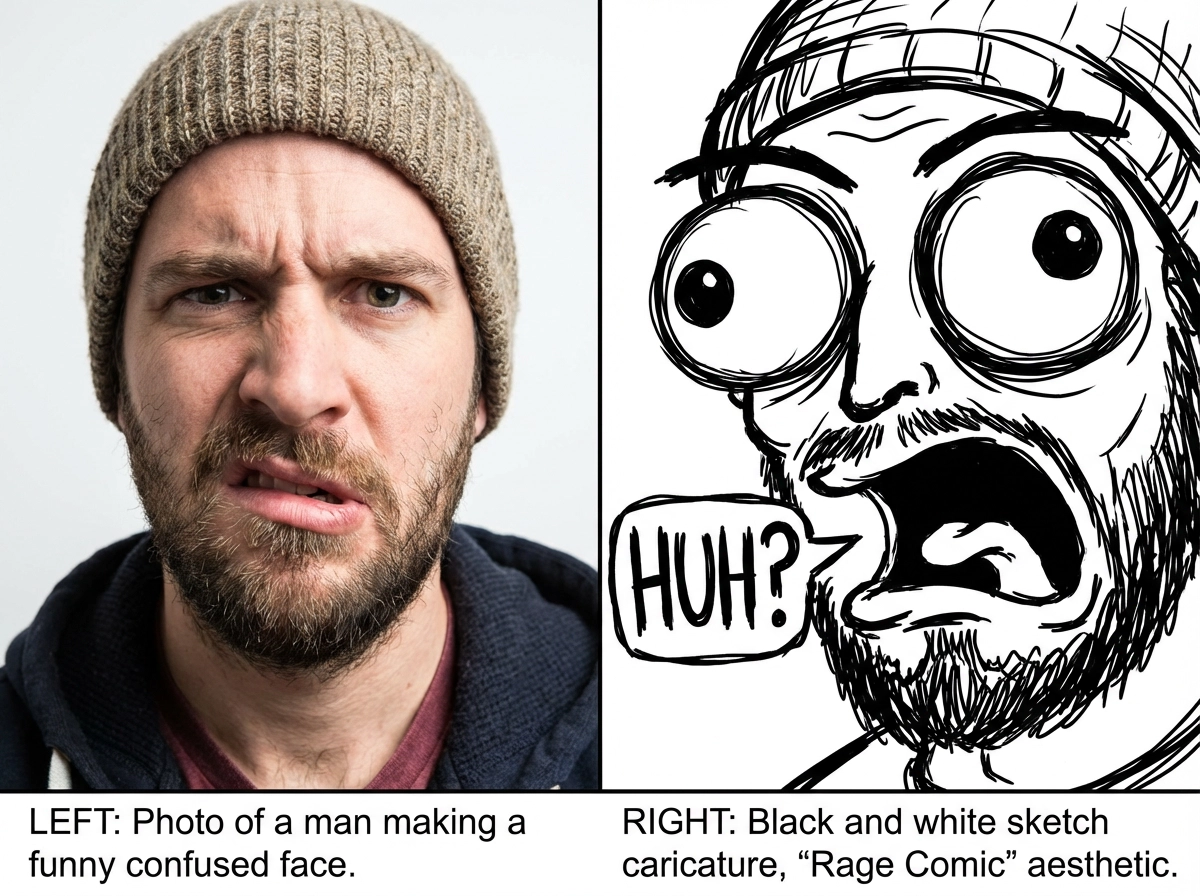 A black and white sketch caricature, extremely exaggerated confused eyes and mouth, "Rage Comic" internet meme aesthetic, rough hand-drawn lines.
