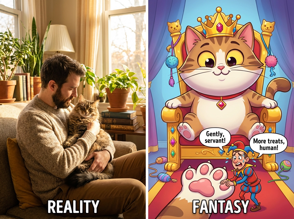 A whimsical cartoon caricature, the cat is exaggeratedly giant like a king sitting on a throne wearing a golden crown. The man is drawn as a tiny servant massaging the cat's giant paw, sweating nervously.