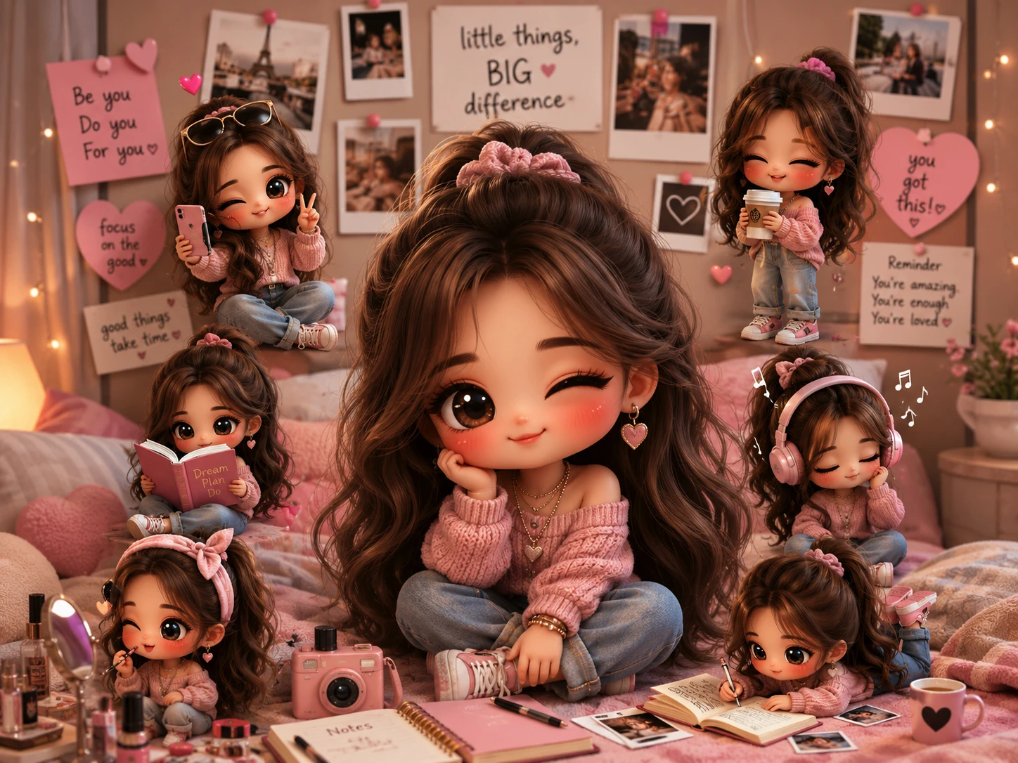 Prompt:Turn my selfie into a cute female chibi mini-me girl with giant glossy eyes, long wavy hair, and soft pink makeup, sitting in a cozy pastel bedroom surrounded by tiny mini-me versions of me taking selfies, reading, journaling, sipping coffee, listening to music, and doing makeup, heart notes, fairy lights, dreamy roomcore moodboard wall, glossy 3D doll style, ultra detailed