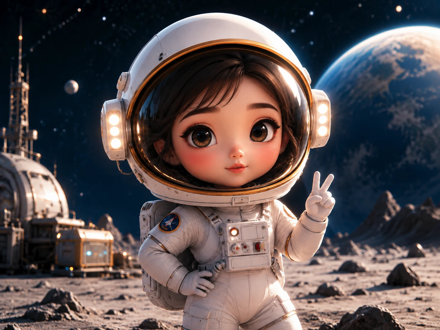 Prompt:Turn my selfie into a cute female chibi mini-me astronaut girl with giant glossy eyes, soft blush, and a clear space helmet, standing on a moon base with planets in the sky, glowing suit lights, rocky lunar ground, cinematic starry background, glossy 3D doll style, ultra detailed