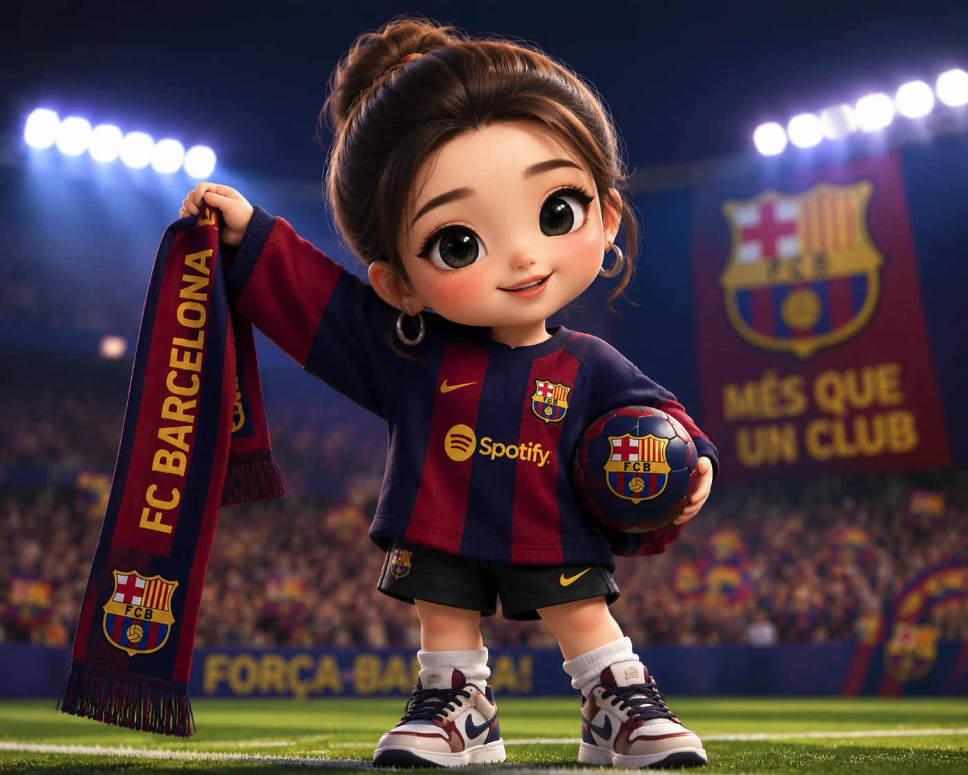Prompt:Turn my selfie into a cute female chibi mini-me football fan girl with giant glossy eyes, a high messy bun, hoop earrings, an oversized red-and-navy football jersey, holding a team scarf and matching football, standing in a bright night stadium with crowd lights and matchday energy, glossy 3D doll style, ultra detailed