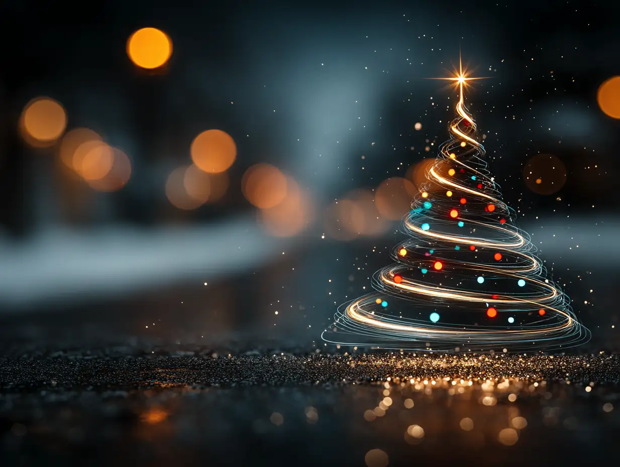 A glowing spiral Christmas tree made of white light trails, floating in a dark night background filled with sparkling snow and bokeh effects.