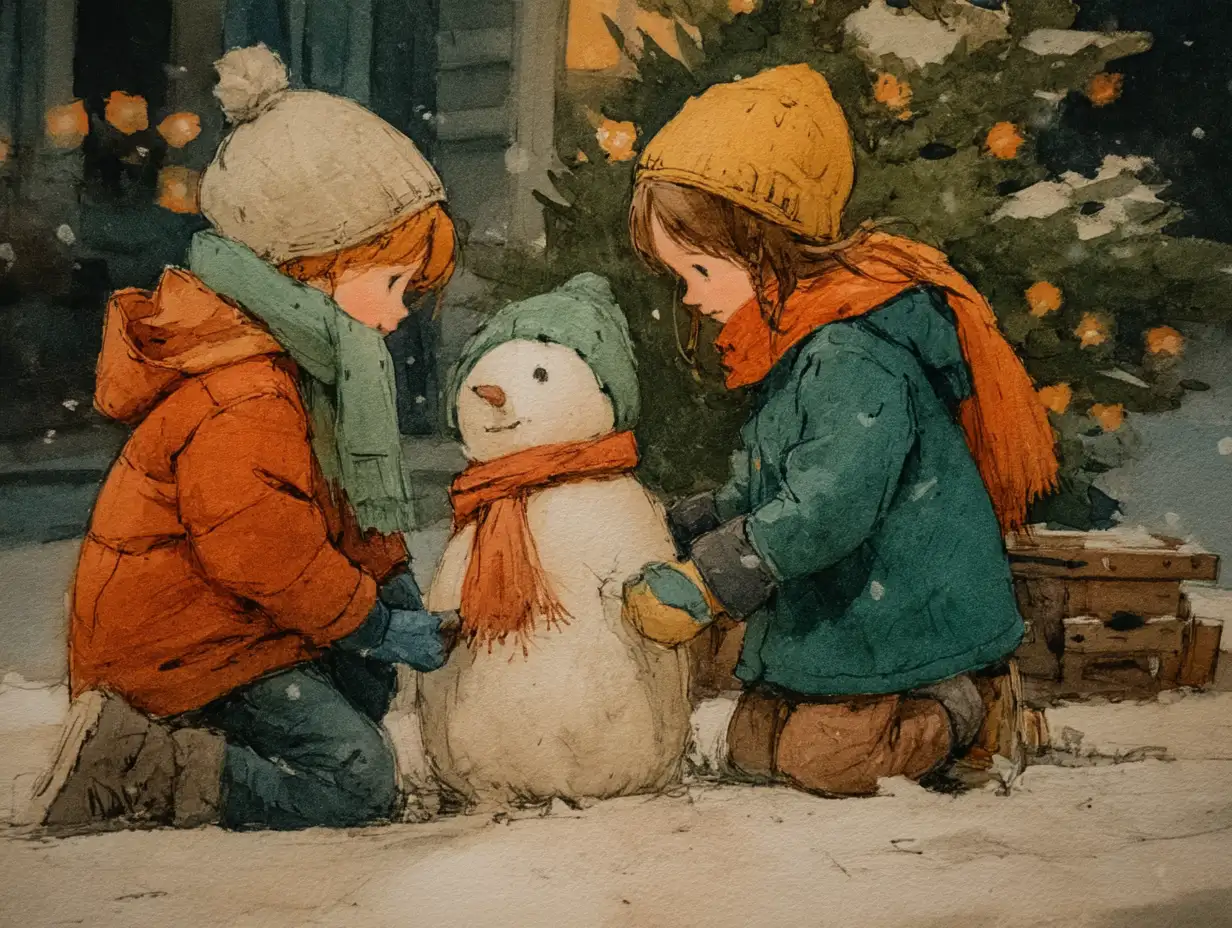 Kids building a snowman near a decorated tree, colorful scarves, playful laughter, soft daylight snowflakes