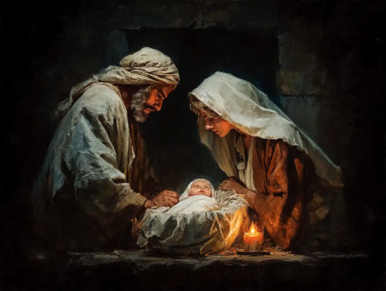 Mary and Joseph beside the manger, baby Jesus wrapped in linen, candlelight ambience, soft spiritual warmth