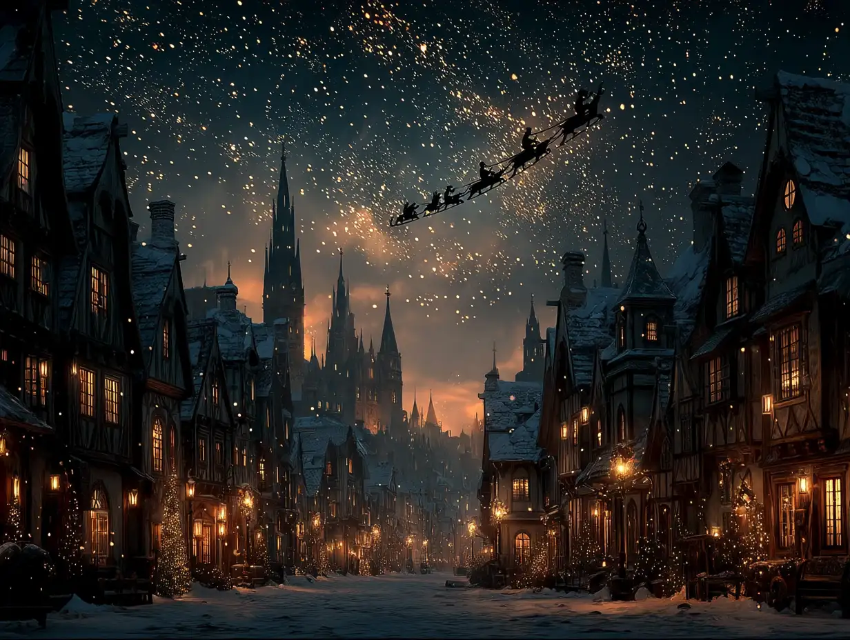 Santa’s sleigh flying across a snowy village under a star-filled sky, warm golden lights in windows, cinematic realism