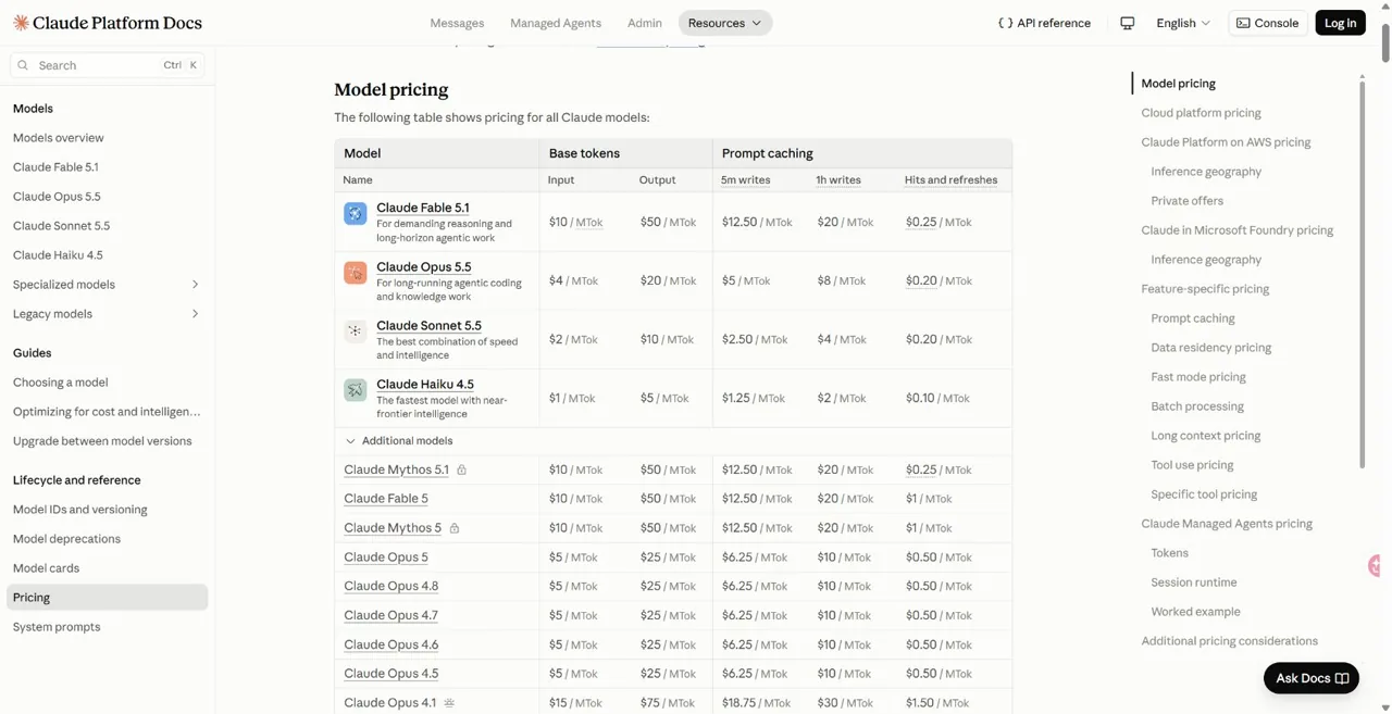 Anthropic API pricing table with Opus 4.7 input, output and cache rates