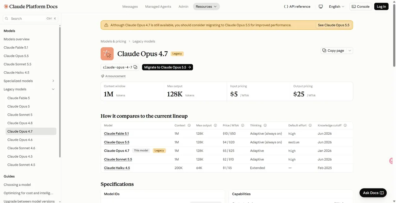 Official Claude Opus 4.7 legacy status and current model comparison