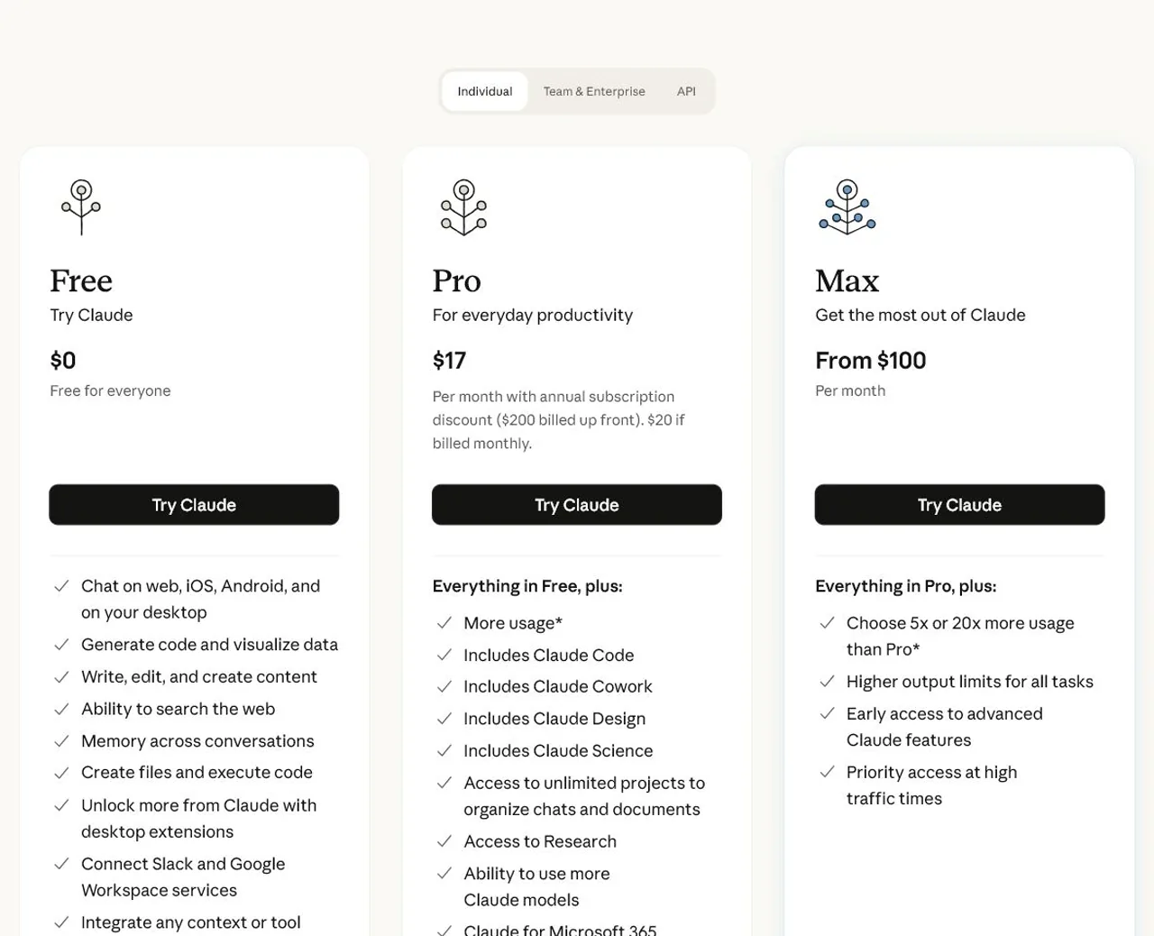 Claude official English pricing page showing Free, Pro, and Max plans