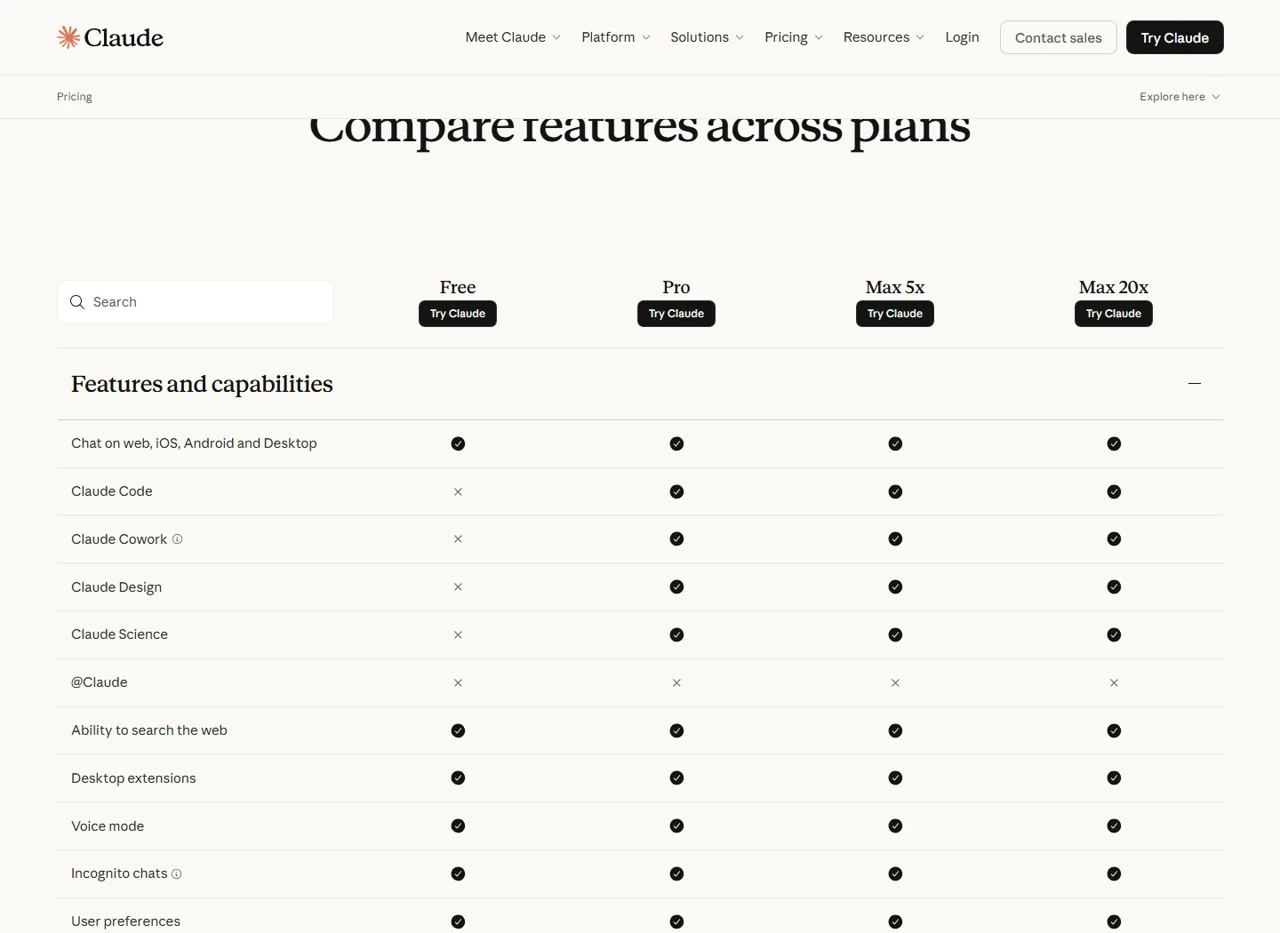 Claude pricing table showing Claude Code unavailable on Free and included with Pro and Max