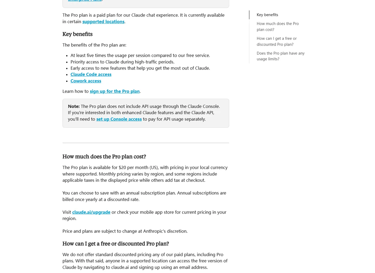 Claude Pro help page listing Claude Code access and the $20 monthly US price