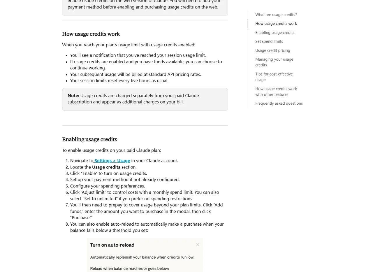 Claude usage credits help page explaining API-rate billing after plan limits