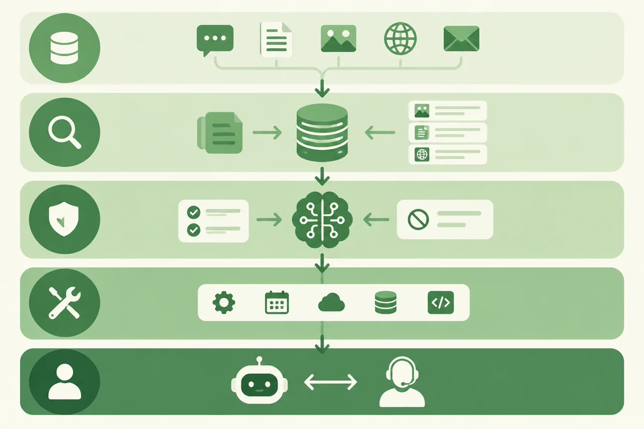 Customer service GPT architecture from approved knowledge through retrieval, policy, tools and human handoff