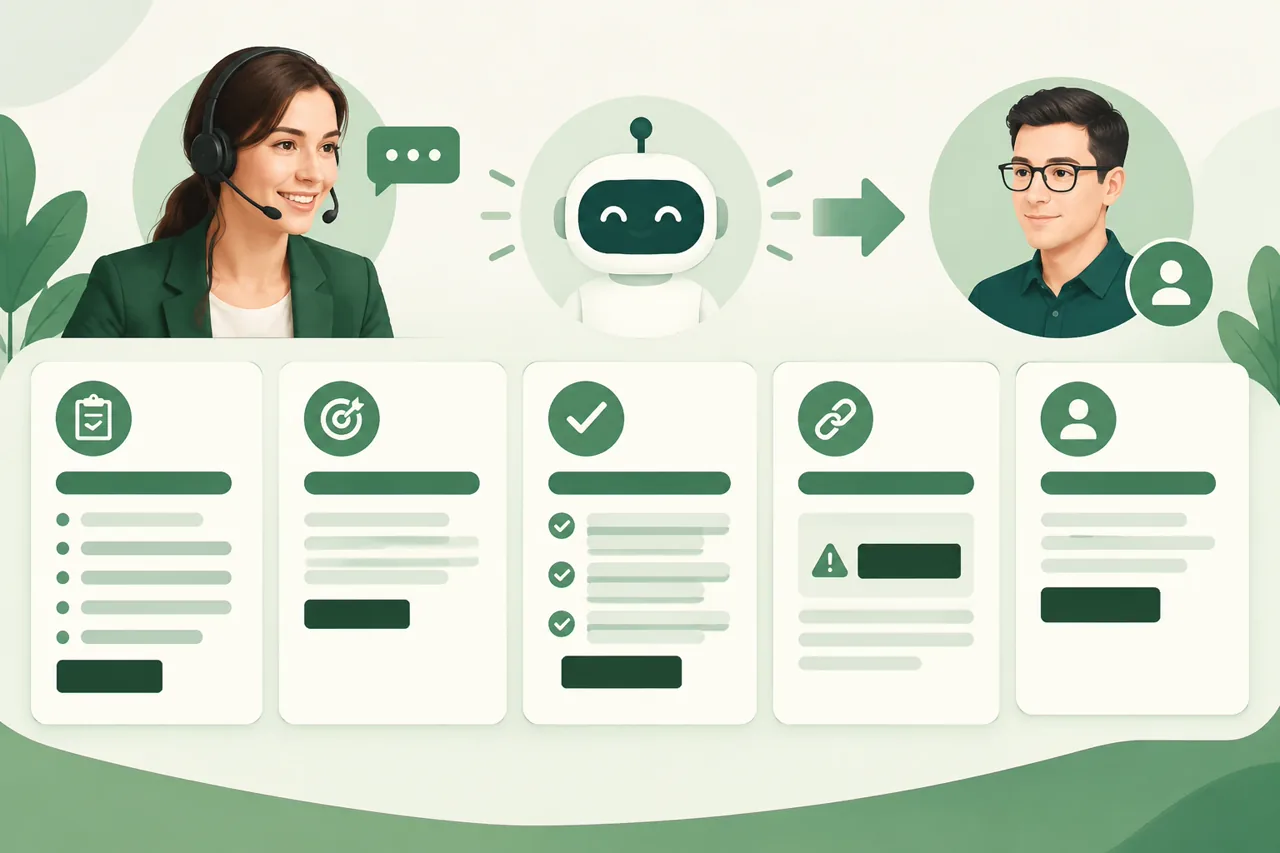Support handoff fields separating customer requests, confirmed facts, approved actions and unresolved dependencies