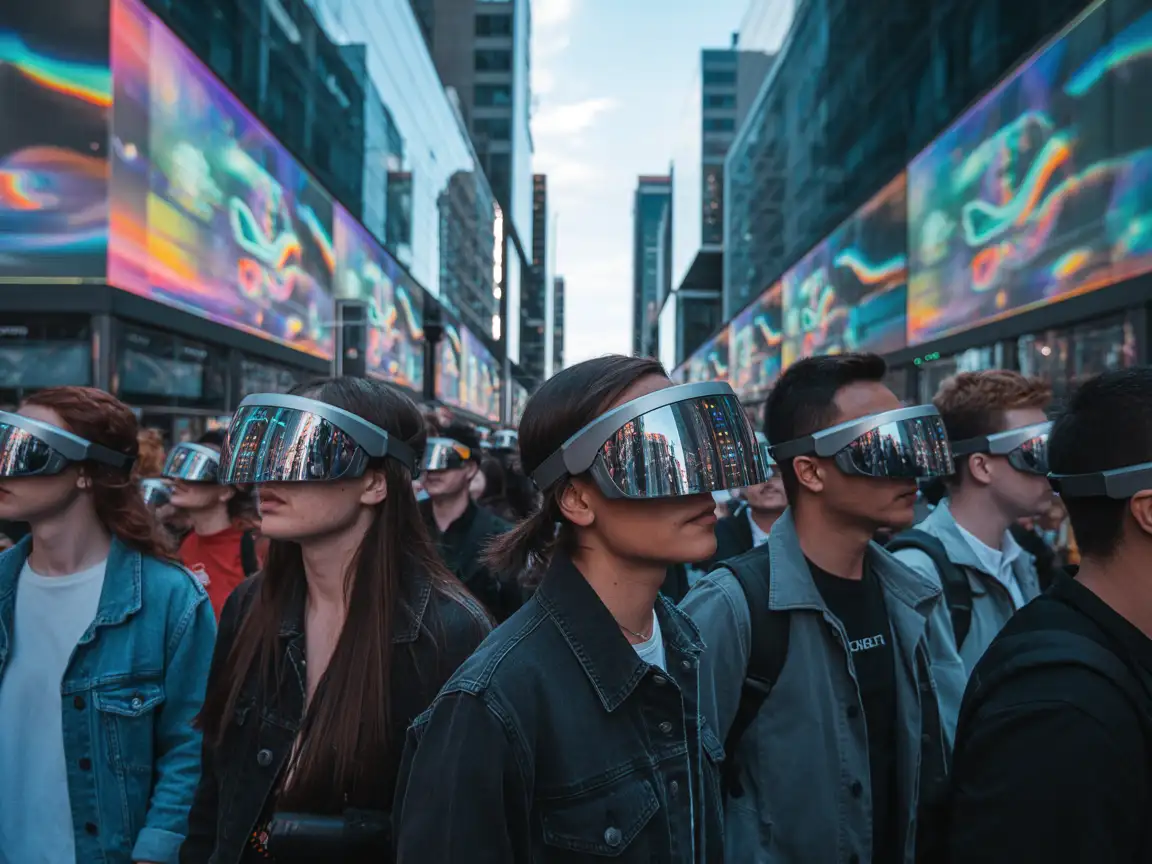 A street filled with people wearing augmented reality visors, surrounded by holographic advertisements and reflections.