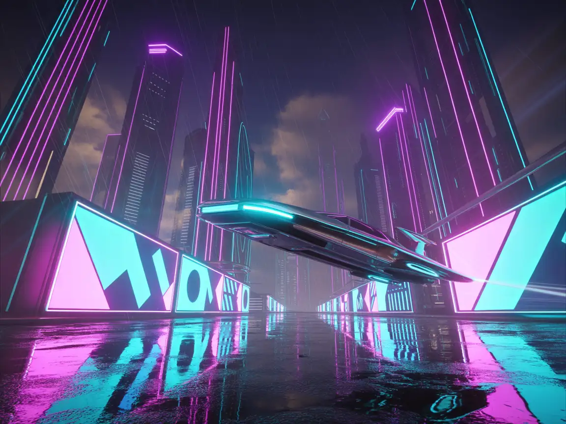 A futuristic neon city at night, glowing skyscrapers reflected on wet streets, with flying cars zooming between holographic billboards.