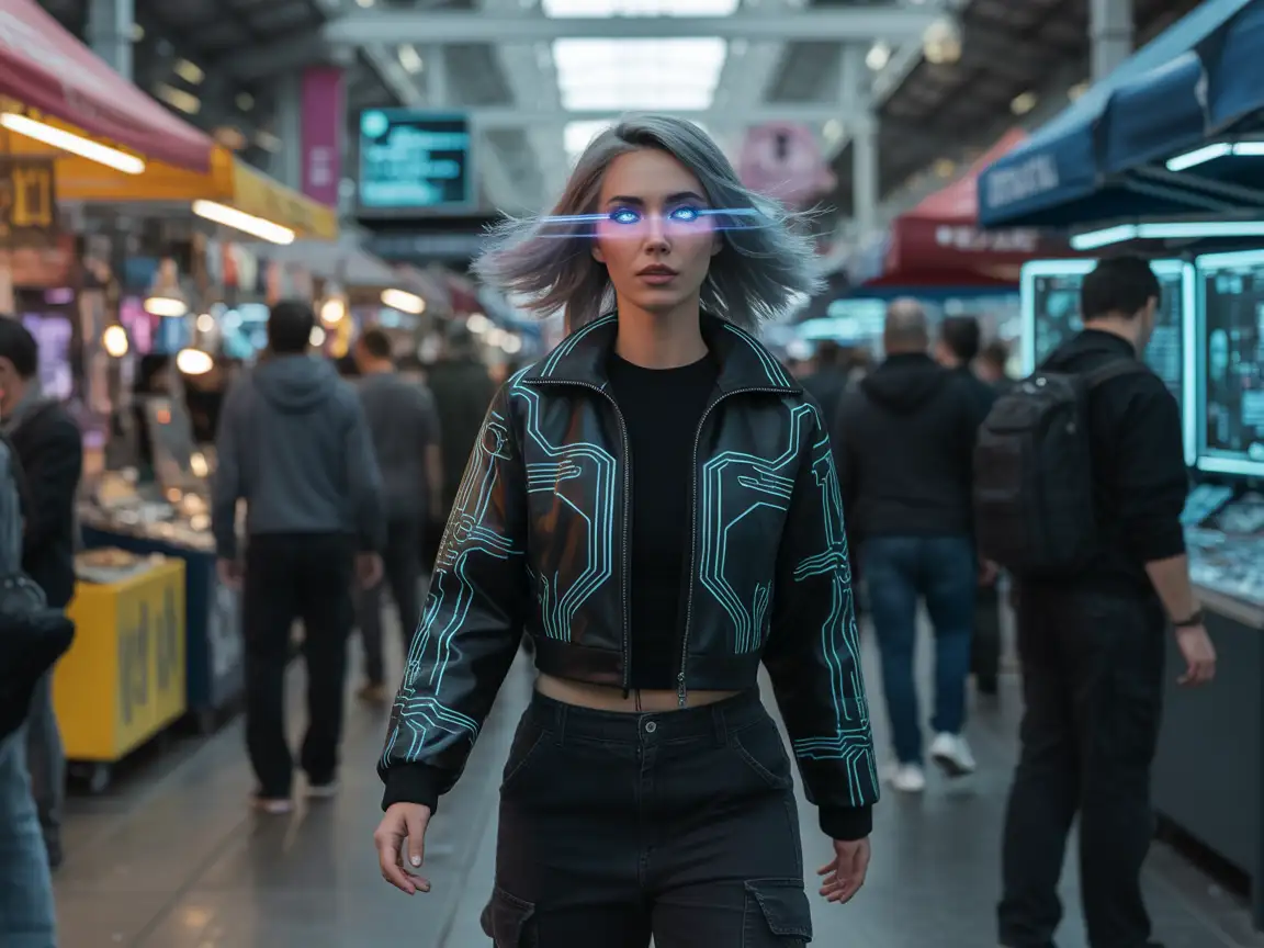 A cyberpunk woman with silver hair and luminous blue eyes walking through a crowded digital marketplace.