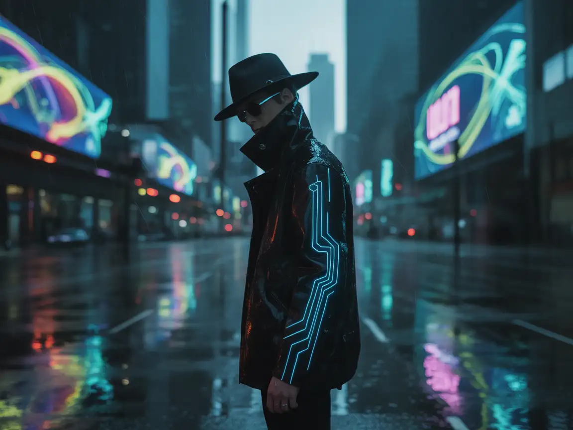 A lone figure in a cyberpunk jacket standing under a flickering neon sign, rain falling, holograms glowing around.