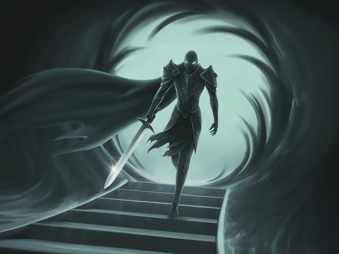 A phantom knight, clad in spectral armor that glows faintly, emerges from a swirling, glowing portal.