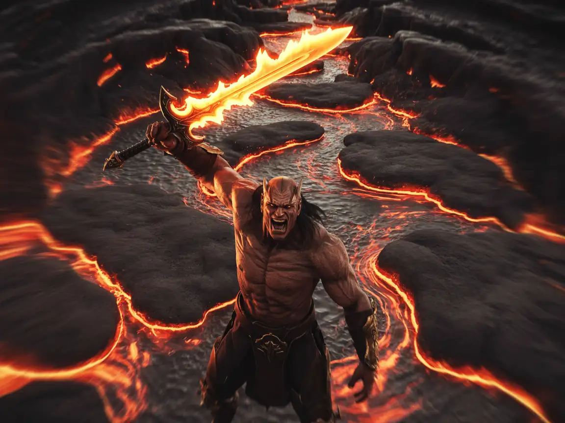 A menacing armored demon warrior, muscular and imposing, wielding a brilliantly flaming sword.