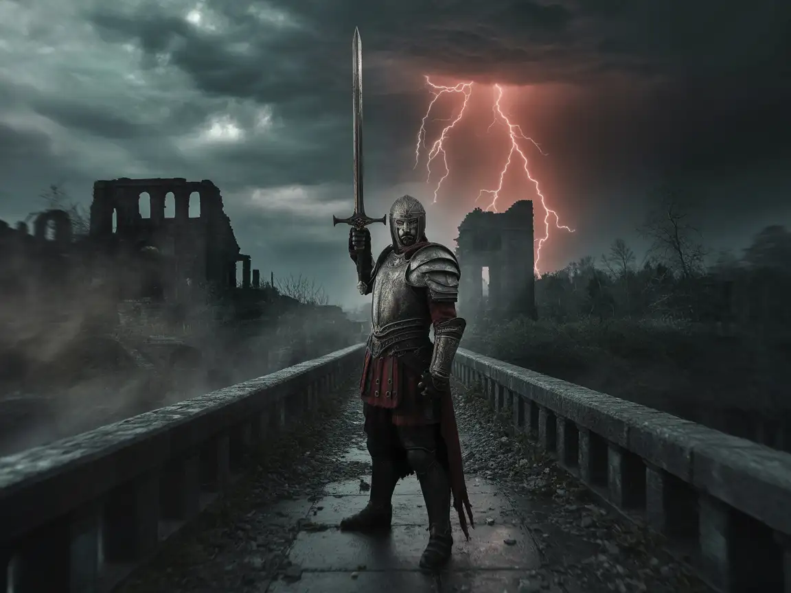 A gothic warrior clad in ornate armor stands heroically on a crumbling stone bridge.