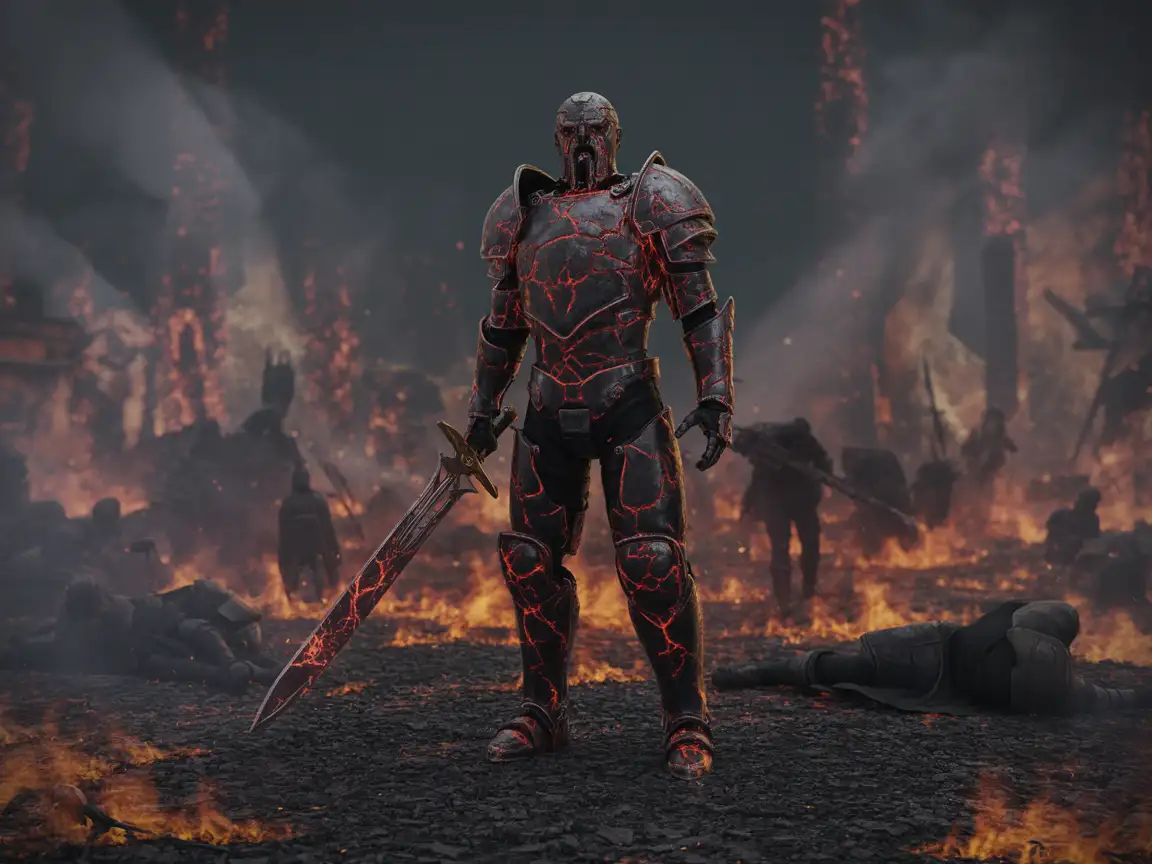 An armored paladin, corrupted by dark magic, wearing cracked black armor glowing with red light.