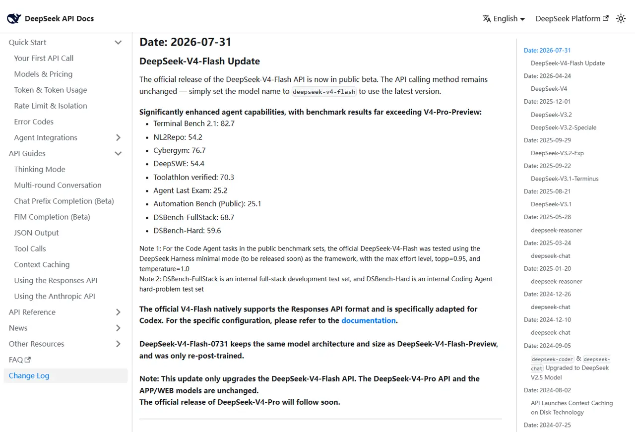 DeepSeek V4 Flash: aggiornamento ufficiale del 31 luglio e note sui benchmark degli agenti
