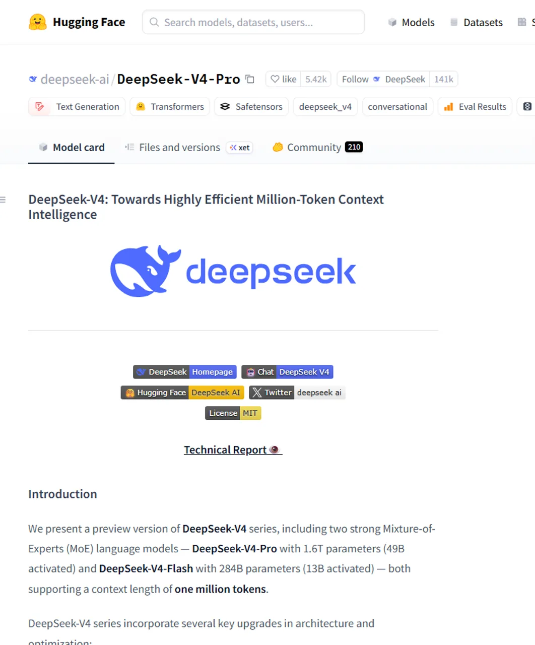 Scheda ufficiale del modello DeepSeek V4 Pro di Hugging Face e pesi disponibili