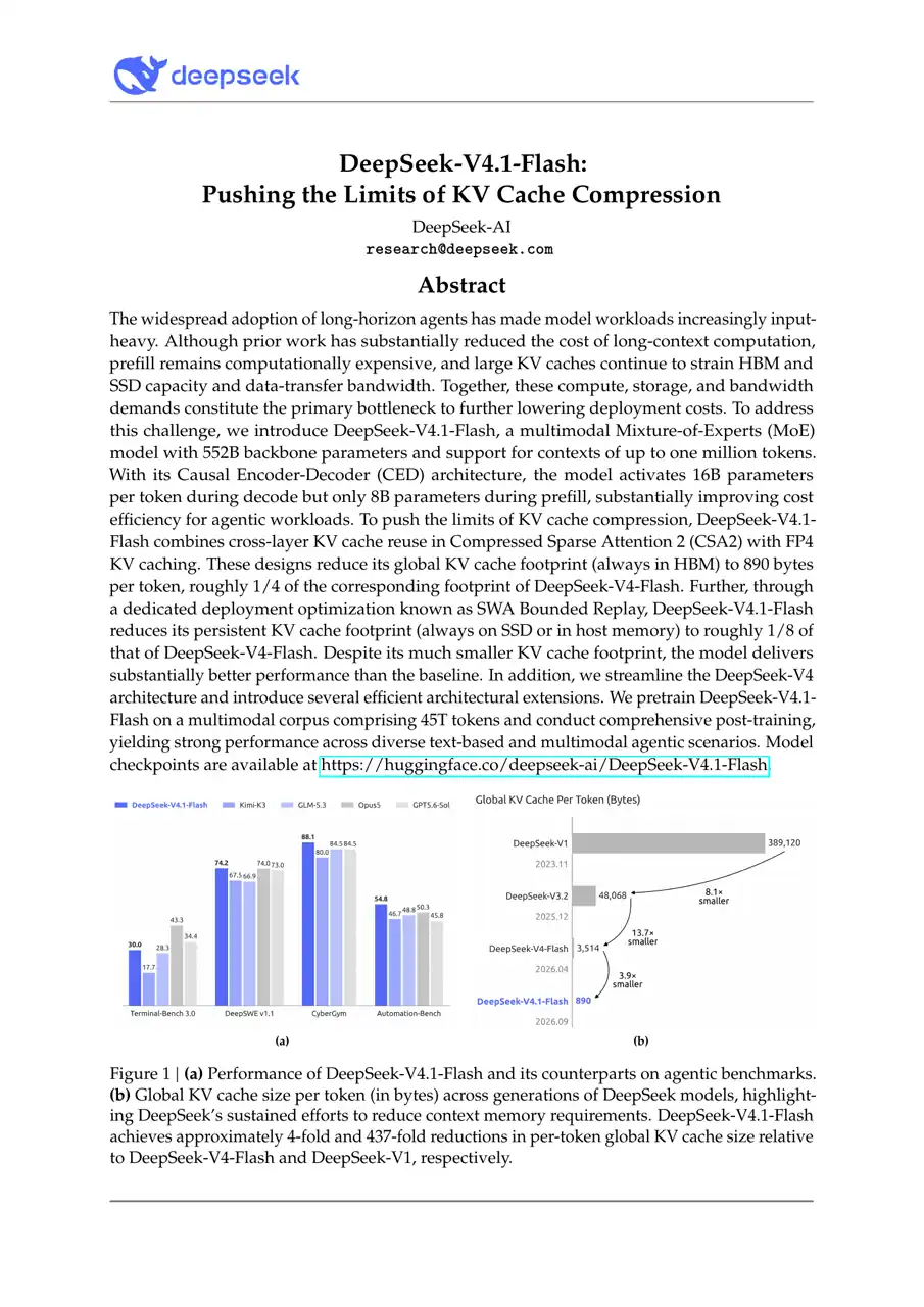 DeepSeek V4.1 Flash technical report Figure 1 with agentic benchmark bars and KV cache comparison
