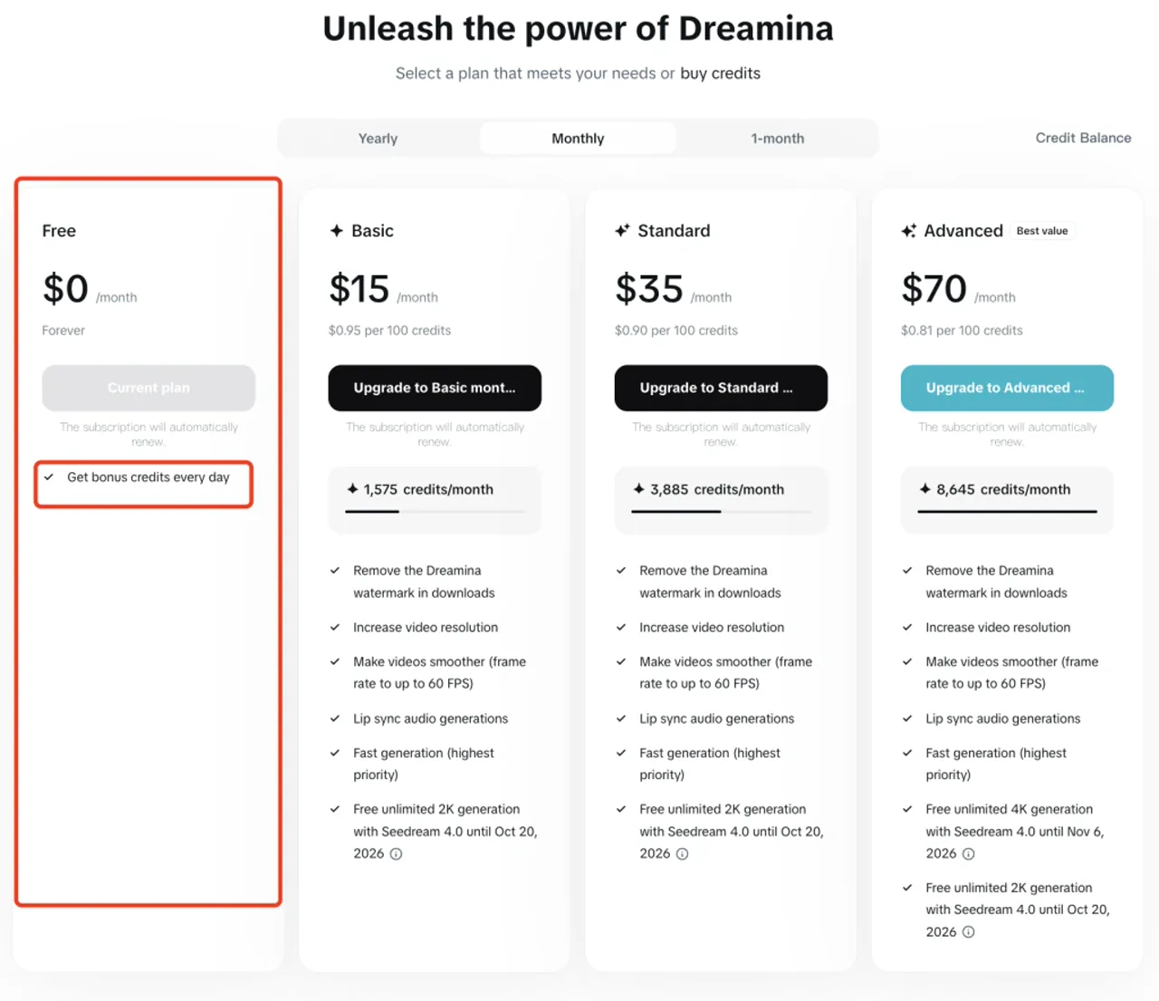 Dreamina free plan and daily bonus credit entry
