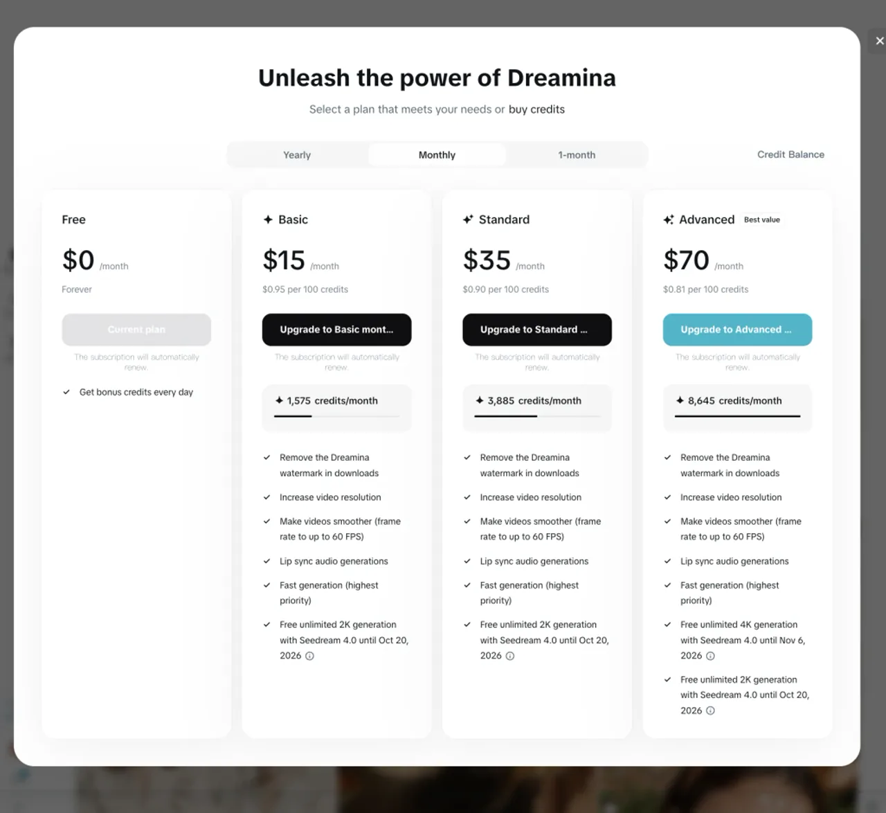 Dreamina Free, Basic, Standard, and Advanced subscription plans