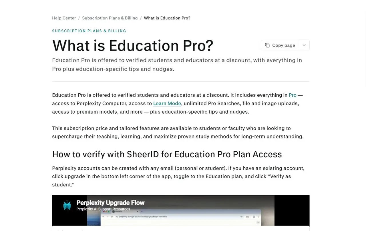 Halaman resmi Perplexity Education Pro yang menampilkan syarat kelayakan bagi siswa dan pendidik serta alur verifikasi SheerID