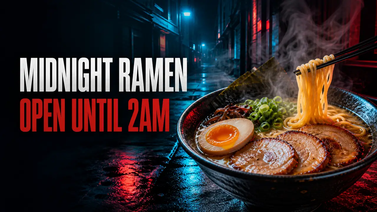 Neon late-night ramen campaign visual with the exact headline MIDNIGHT RAMEN, OPEN UNTIL 2AM