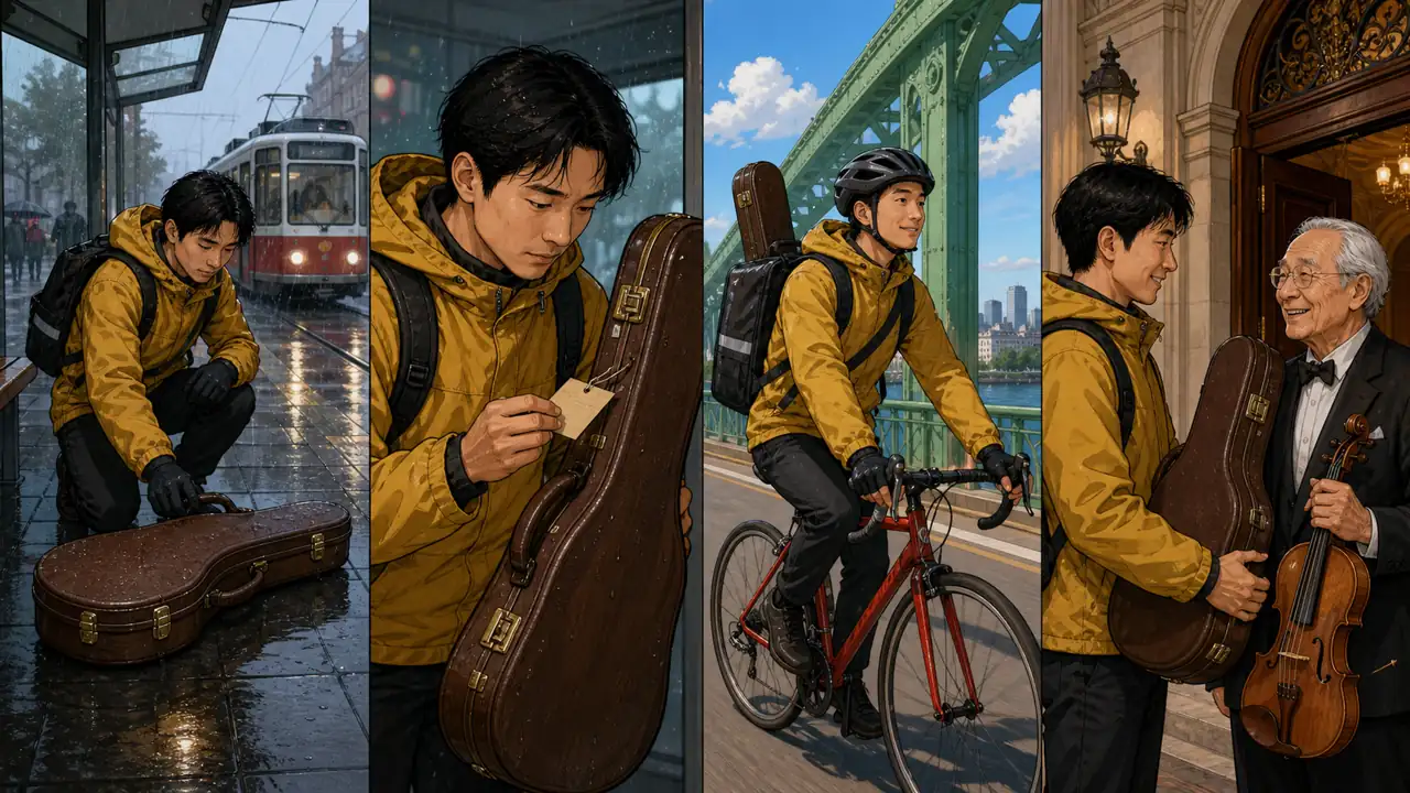 Four consistent story panels following the same young man in a yellow rain jacket returning a violin