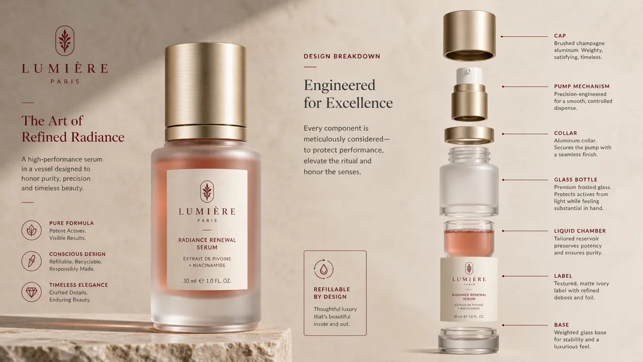 Luxury skincare serum product with an exploded component breakdown