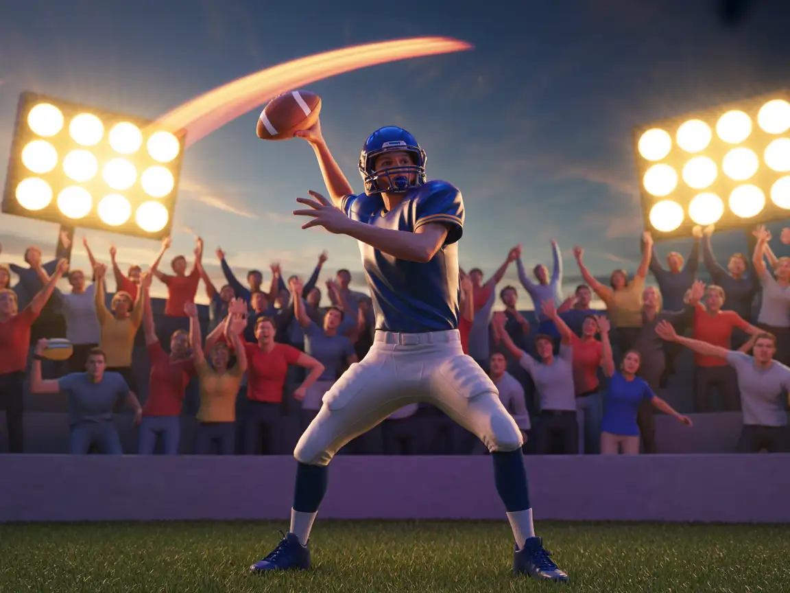 A quarterback in a team uniform throwing a glowing football, with bright stadium lights illuminating the scene and a cheering crowd in the background.