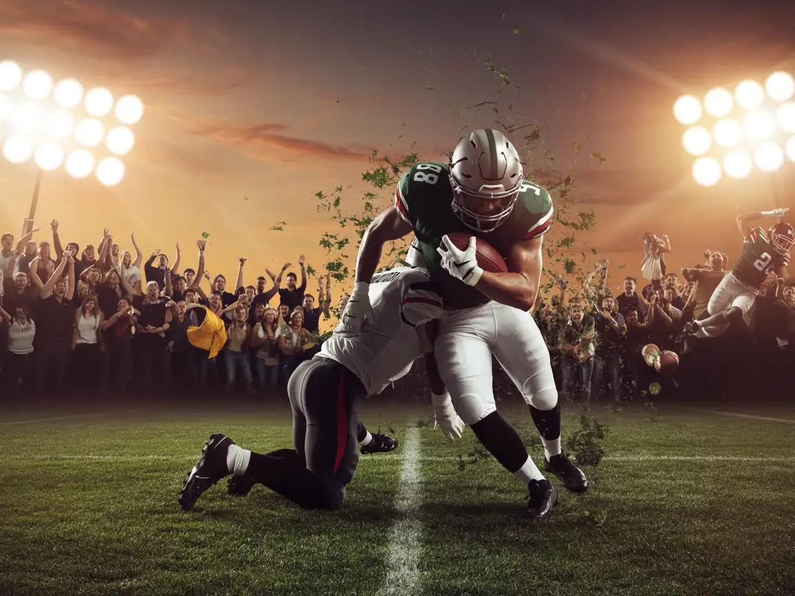 A linebacker in a football uniform making a dramatic tackle on an opposing player, with pieces of grass flying up.