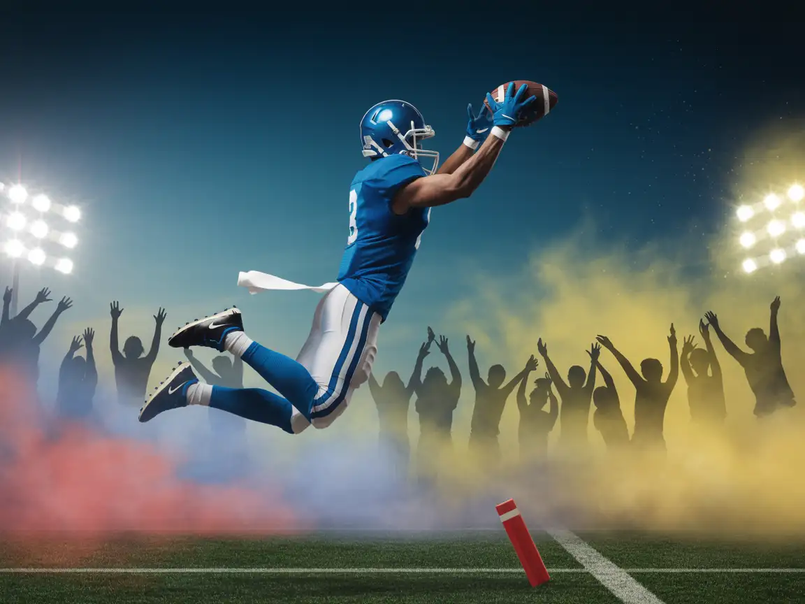 A wide receiver in mid-air catching a football. The scene includes glowing stadium fog swirling around and the silhouettes of excited fans in the background.