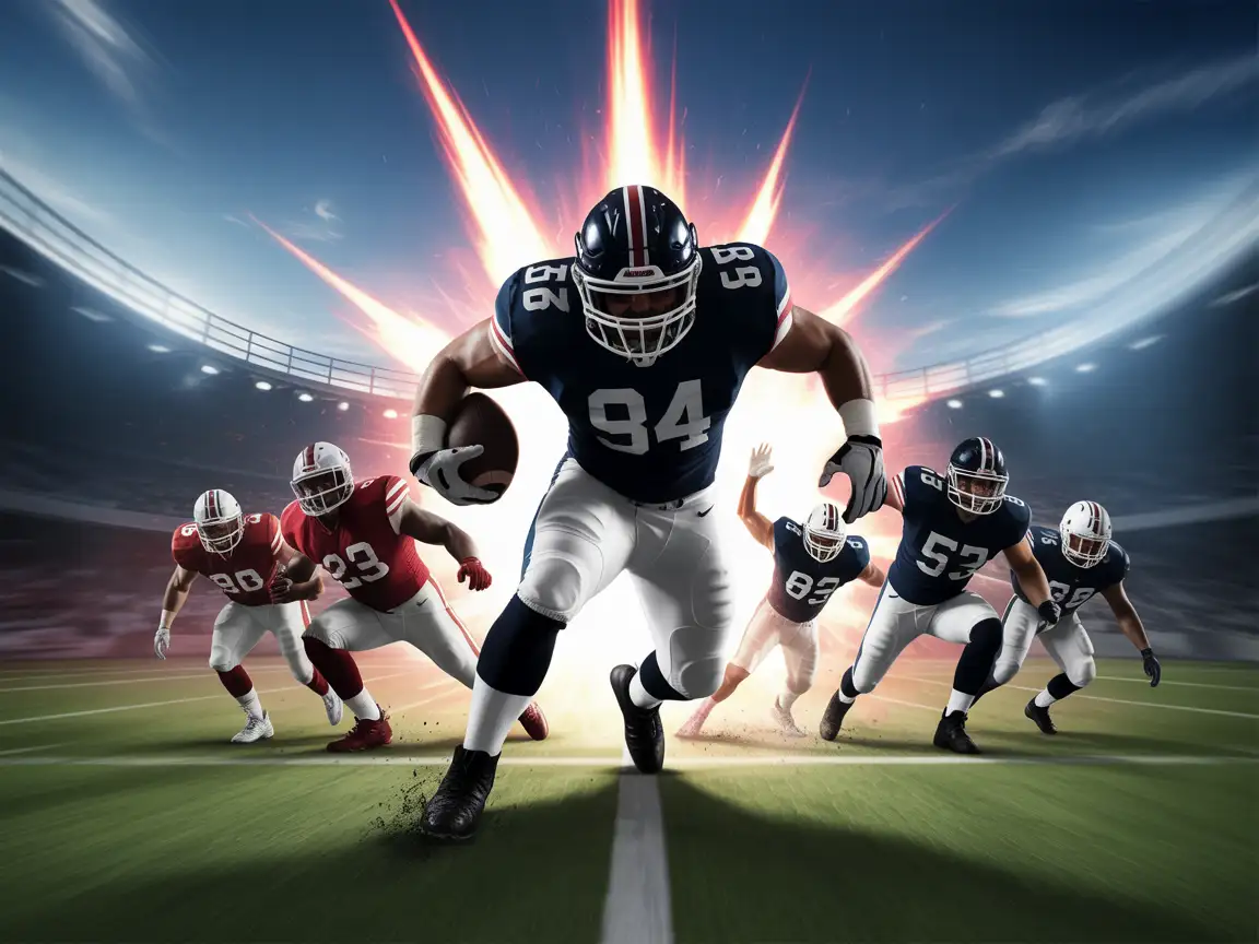 A powerful defensive lineman breaking through the offensive line, with mystical energy bursting from the impact point.