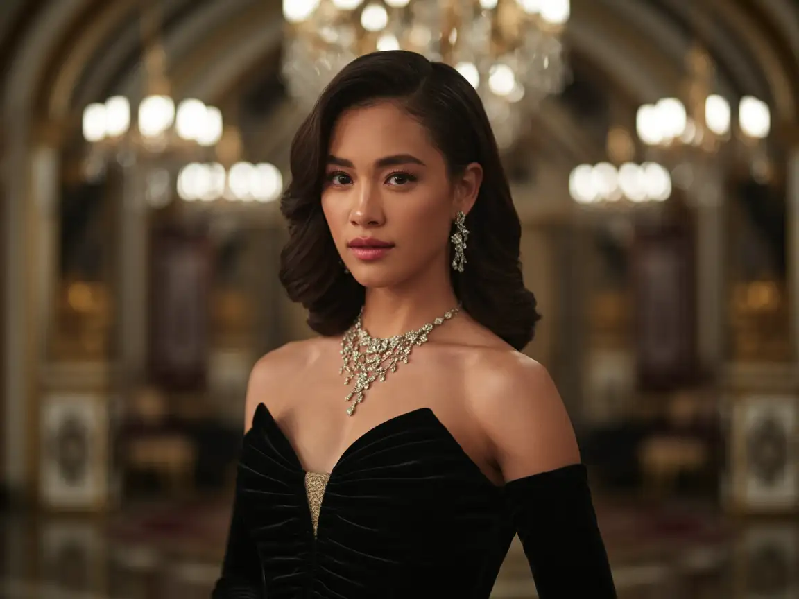 Beautiful Filipina woman in an elegant evening gown, standing on a rooftop at night, city lights glowing, dramatic shadows, subtle makeup, realistic lighting, high-resolution photorealistic style.