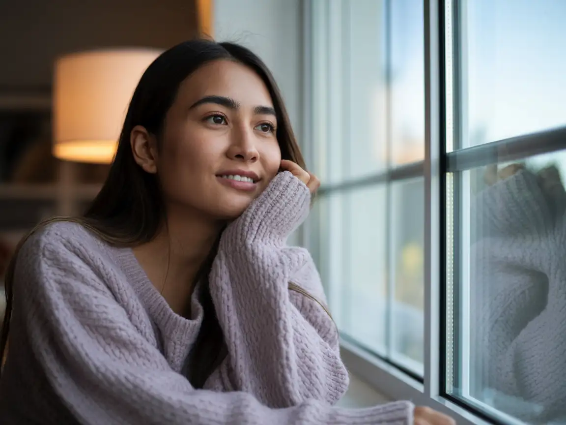 Young Filipina woman in a cozy sweater sitting by a large window, soft natural morning light illuminating her flawless skin, warm and inviting atmosphere, gentle smile, long hair framing her face, shallow depth of field, hyper-realistic photorealistic style.