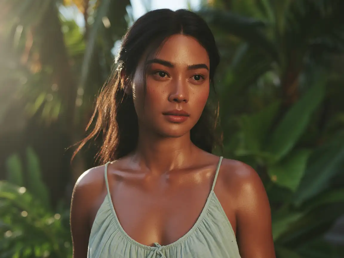 Ultra-realistic Filipina woman with smooth glowing skin and long black hair, standing in a tropical garden during golden hour, sunlight softly illuminating her face, wearing a light summer dress, natural makeup, subtle wind in hair, shallow depth of field, cinematic realism, photorealistic textures.