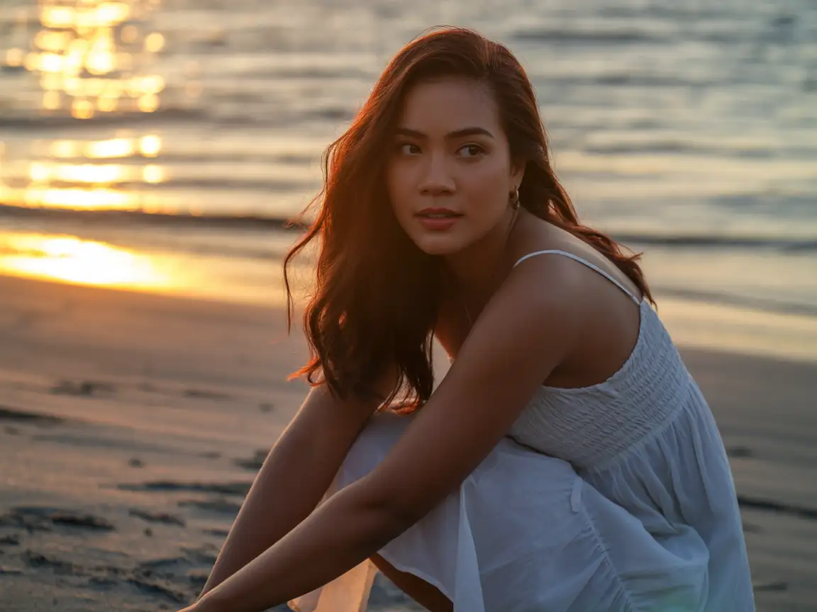 Beautiful young Filipina woman on a sandy beach at sunset, golden light reflecting on water, gentle breeze moving her hair, wearing a flowing white sundress, relaxed and serene expression, ultra-realistic skin and hair details, cinematic perspective with soft background bokeh.