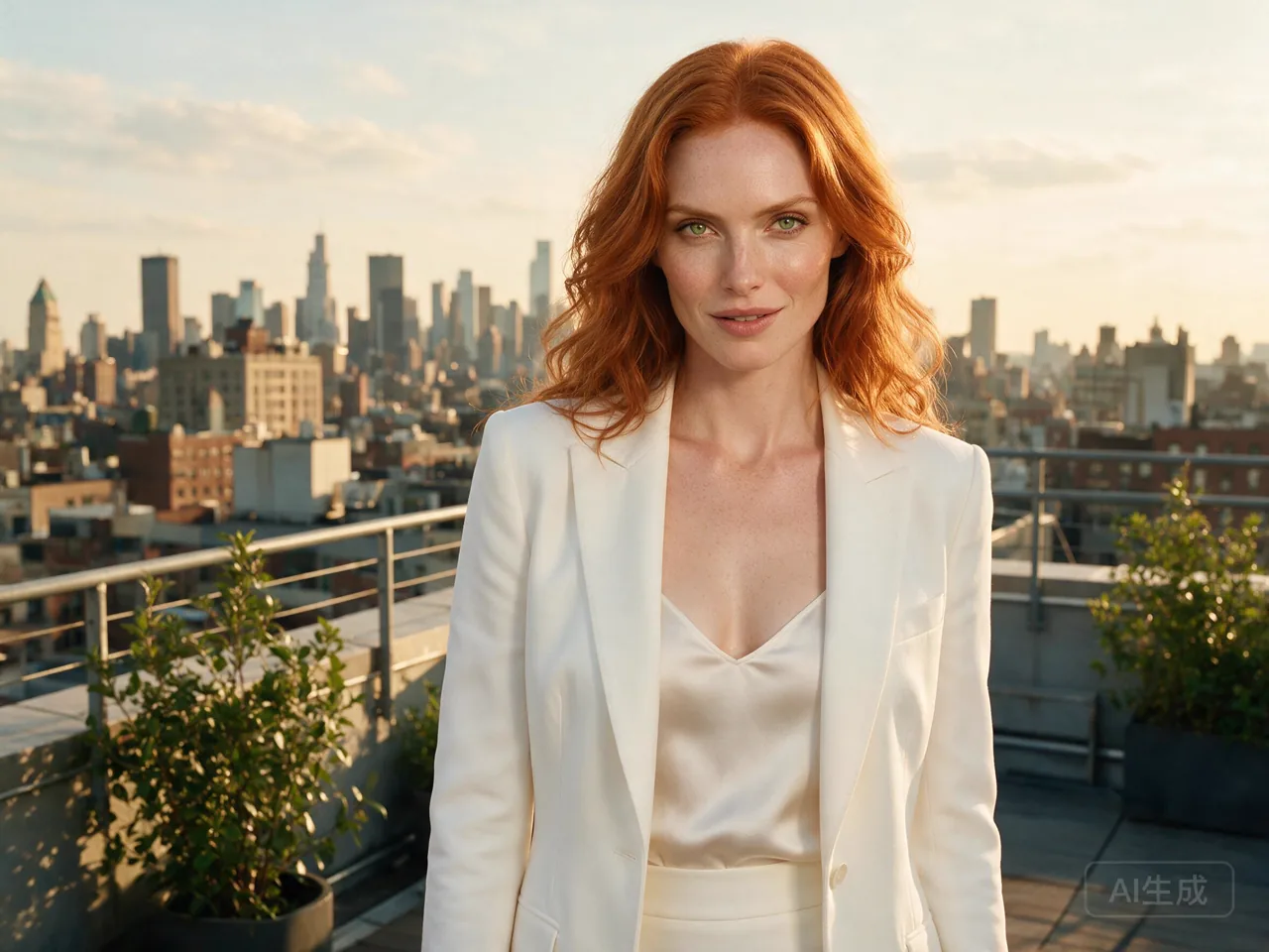 Rooftop glamour portrait with an adult model in a tailored white evening look, sunset skyline, warm golden light, refined alluring atmosphere, and luxury editorial style