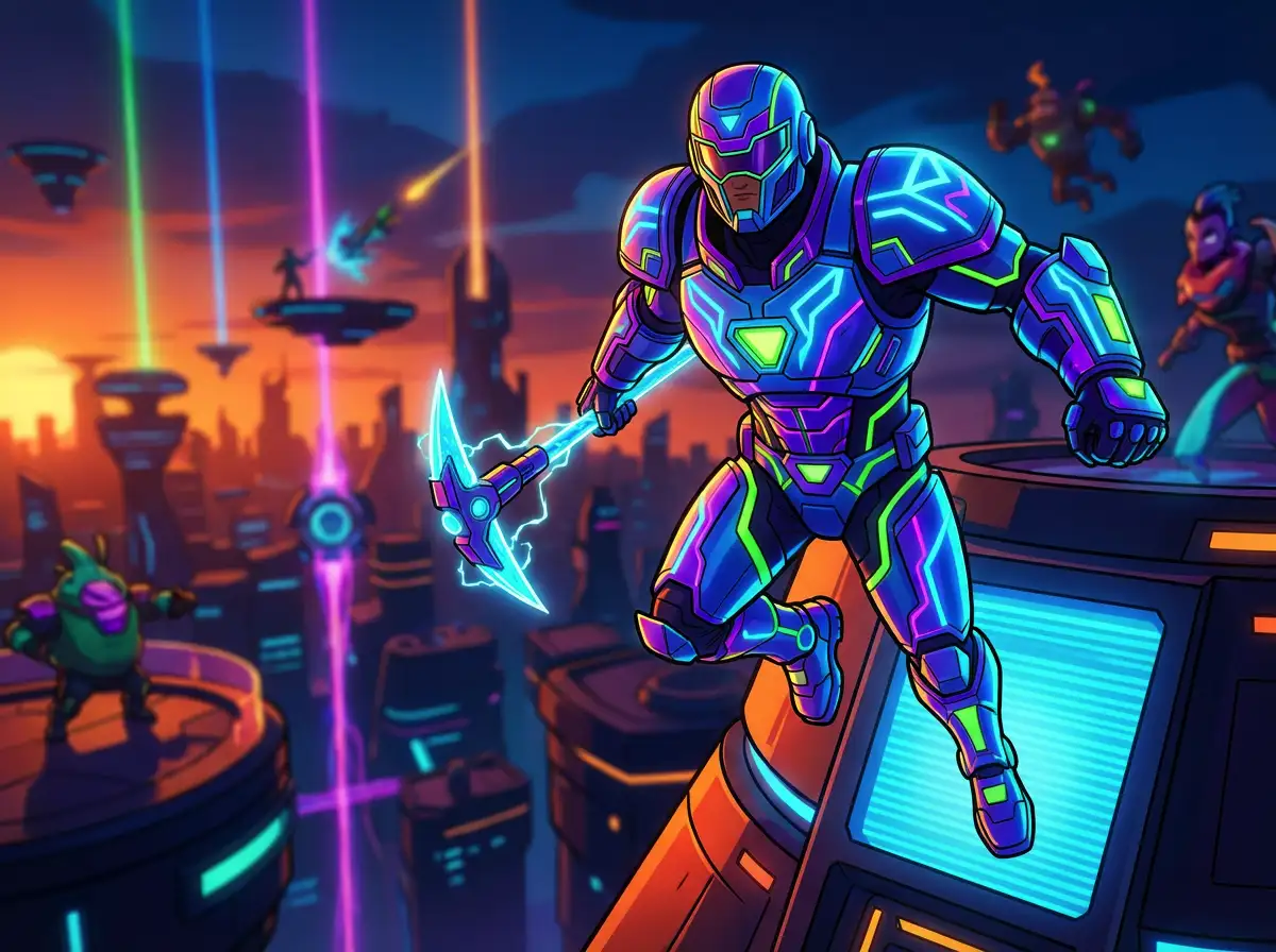 네온 갑옷을 입은 포트나이트에서 영감을 받은 히어로 캐릭터, 대담한 색상, 극적인 조명, 카툰-리얼리스틱 스타일.