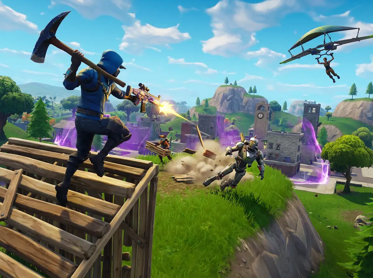 포트나이트 스타일 배틀 로얄 전투 장면, 역동적인 움직임, 밝은 환경, 시네마틱 시점.