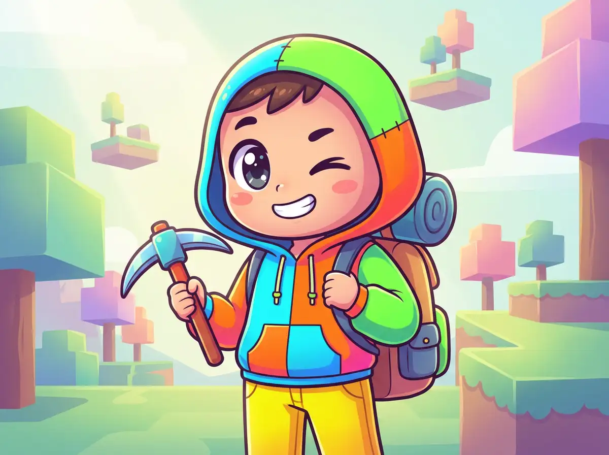 특대 머리의 치비 포트나이트 스타일 캐릭터, 다채로운 의상, 장난기 어린 표정, 부드러운 음영.